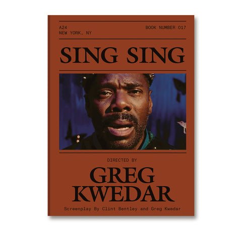 Cover of the Sing Sing screenplay book by A24, featuring bold typography and artwork related to the film.